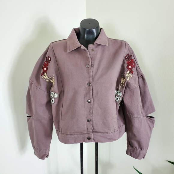 POL Embroidered Lace Patch Zip Up Hooded Jacket